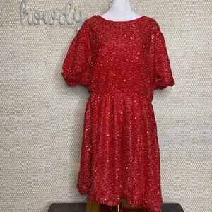 NWT Hayden Los Angeles Red Sequin Festive Bubble Sleeve Midi A-Line Dress